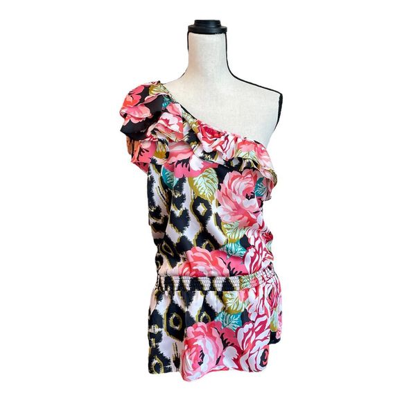 Arden B Womens Pink Black Floral Print One Shoulder Drop Waist Top Sz L NWT - Picture 3 of 8